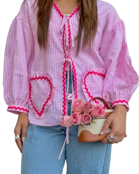 quintessentials Trendy Women’s Retro Pink Plaid Shirt with Pockets | V-Neck Lace-Up Check Shirt | Loose Fit Streetwear Tops-picture-34