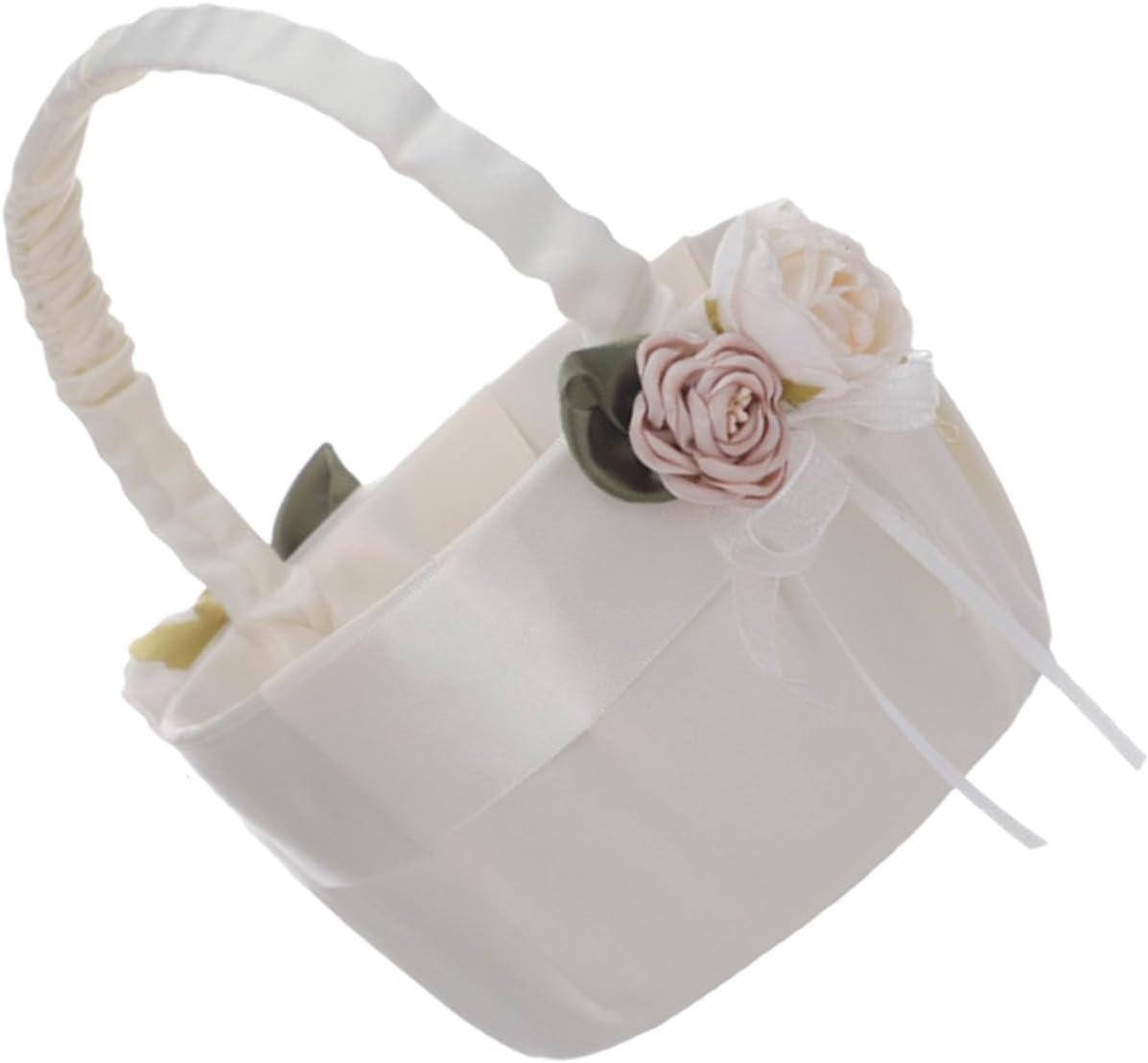 STAHAD Ivory White Flower Girl Basket with Lace and Satin Flowers, Handheld Wedding Bride Basket for Ceremony and Party Supplies, 1pcs