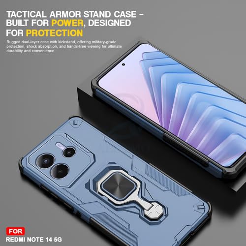 Image of AESTMO Armor Back Cover for Redmi Note 14 5G | Ring Holder & Kickstand & Camera Protection in-Built | 360 Degree Protection Back Case Cover (Blue)