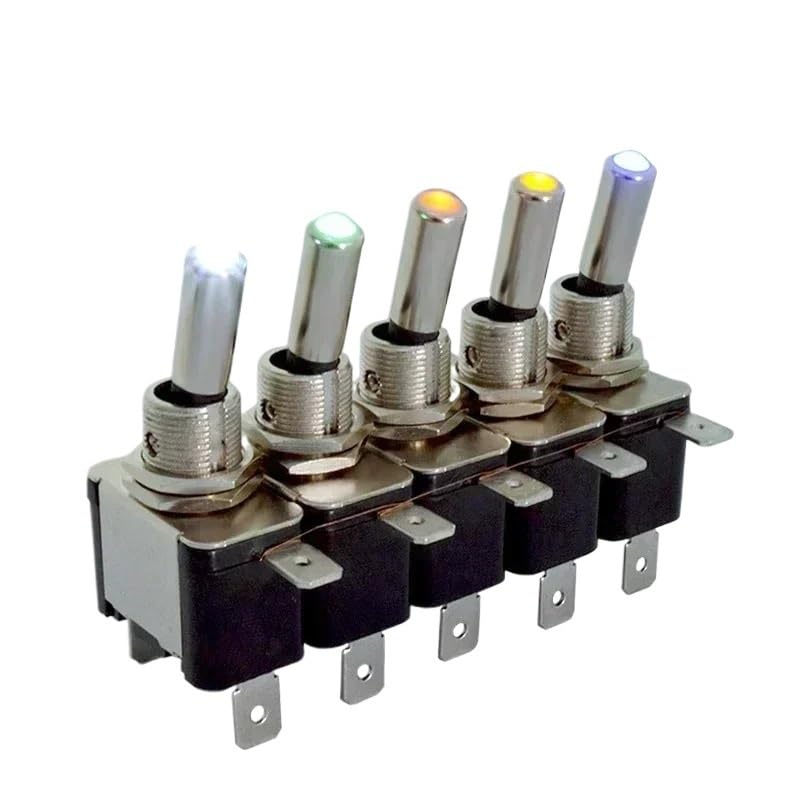 Auto coche barco camión 12V LED interruptor de palanca luz iluminada 3 pines encendido apagado 20A con cubierta abatible hacia arriba for aviones de seguridad protector rojo verde(White Cover,Blue LED