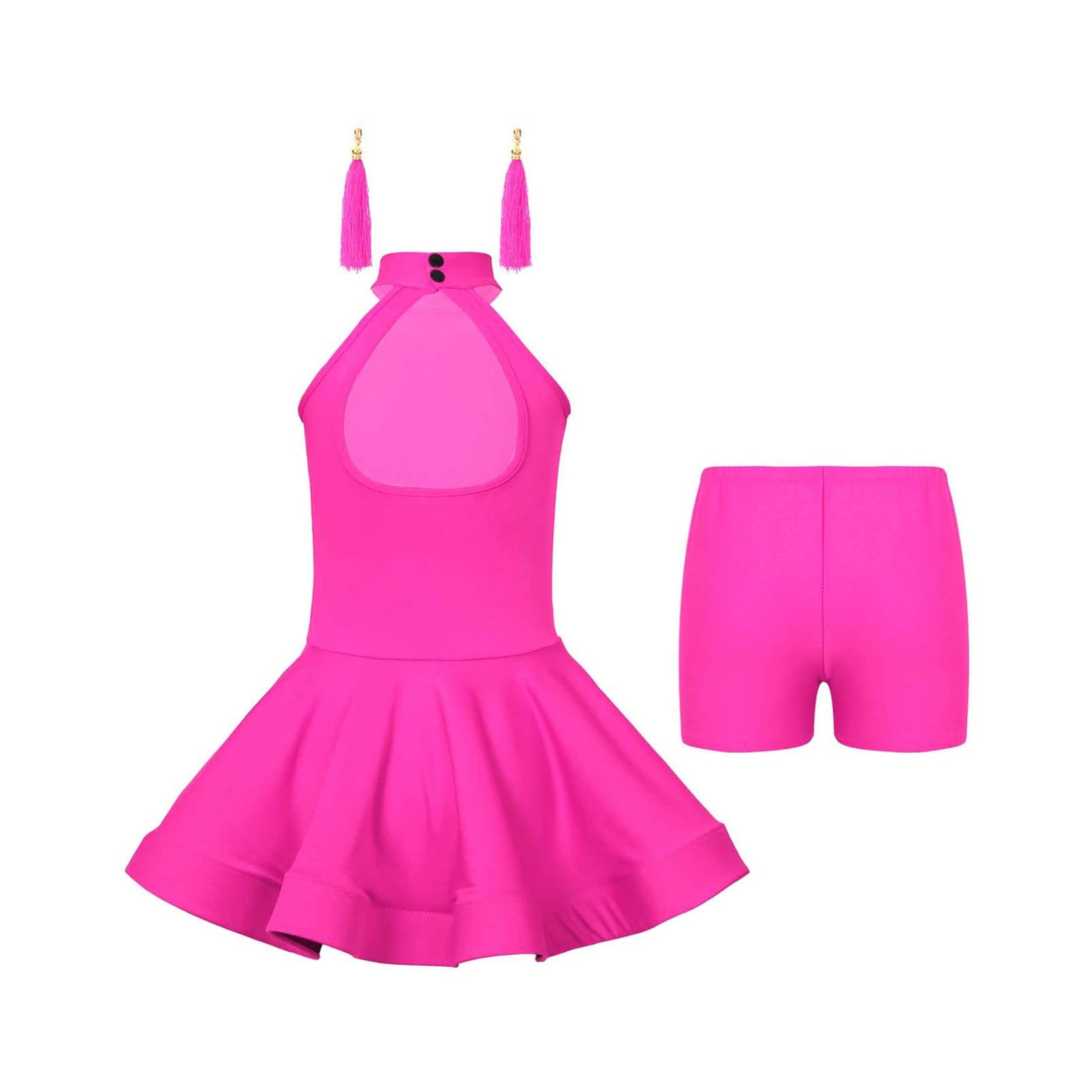 inhzoy Vestito da Ballo Latino Americano Bambina Ragazza Latin Dance Dress Abito da Danza Samba Tango Salsa + Pantaloncini + Orecchini con Nappe Ballroom Dancewear Performance