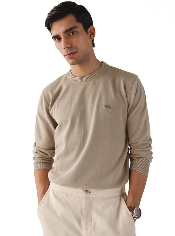 andamen Men's Solid Cotton Regular Fit Pullover Beige-picture-10