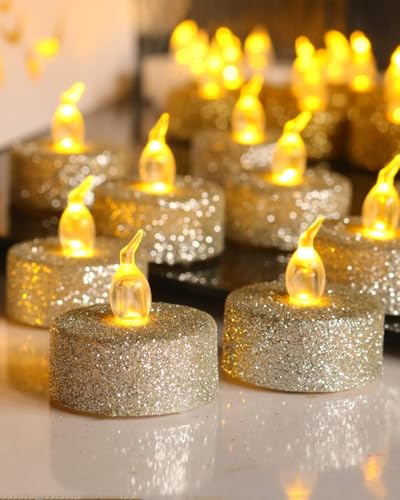 Image of Silver Glitter Tea Lights with Timer,12 Pack | Tealights for Wedding, Christmas Decorations,Anniversary,Wedding, Built-in 6 Hours