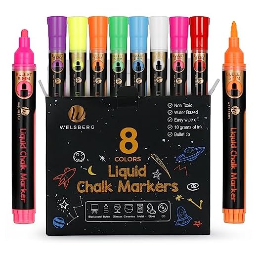welsberg Marcadores de Tiza Líquida con Punta de Bala de 5 MM, Paquete de 8 Tizas de Colores para Pizarra, Pizarrones, Tinta Borrable para Vidrio