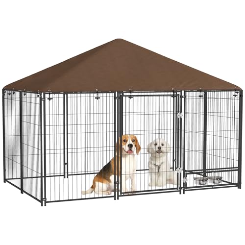PawHut Recinto per Cani da Esterno, Box Grande per Cani in Acciaio 211x141x151 cm con Tetto Anti-UV, Impermeabile, Ciotola Girevole, Kennel Recinzione Spazioso per Cuccioli, Giardino, Nero e Marrone