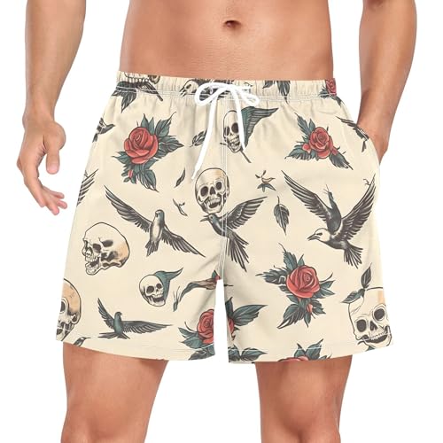 xigua Vintage Old-School Tattoo Mens Swim Trunks with Liner, 5 inch Quick Dry Mens Boardshorts for Beach