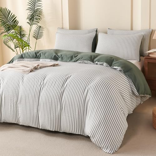 Image of Dark Green Striped Comforter Set King - 3 Pieces Bedding Comforter Set for All Season, Soft Lightweight Washed Microfiber, 1 Striped Comforter and 2 Pillowcases (Dark Green, King Size)