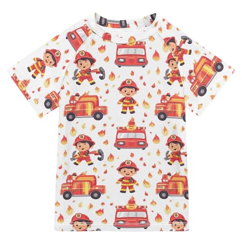 Kids Bathing Suit Short Sleeve Kids Rash Guard 7T Firefighter and Fire Truck White