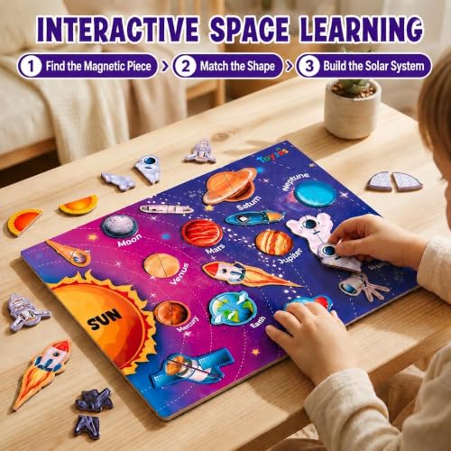 Image of Wooden Solar System Magnetic Puzzle for Kids | 50 Pieces Magnetic DIY Science Jigsaw with Board | Early Learning Games | Educational Toy for Boys and Girls (Multicolor, Ages 2-7 Years)