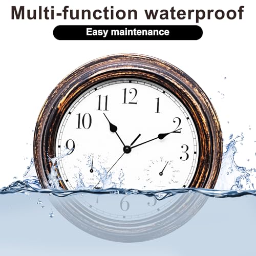 Gartenuhr Wetterfest, Außenuhren Wasserdicht, Wasserdichte Wanduhr, Außenuhren Wetterfest Mit Thermometer Und Hygrometer, Wanduhr für Drinnen Und Draußen für Küche Wohnzimmer Badezimmer (12 Zoll)