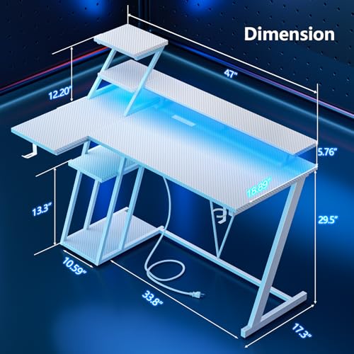 Image of Korfile 47 Inch White Gaming Desk with LED Lights & Power Outlet, L Shaped Gaming Table with Storage Shelves, Gamer Workstations with Monitor Stand for Bedroom