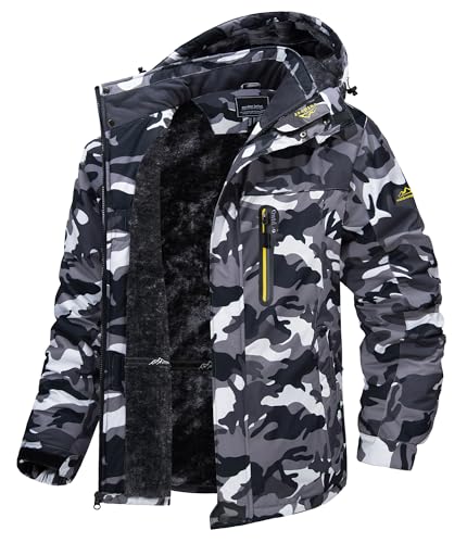 TACVASEN Men's Winter Ski Jacket Waterproof Snow Coats Snowboard Fleece Lining Jacket Warm Parka with Hooded Camo Black XL