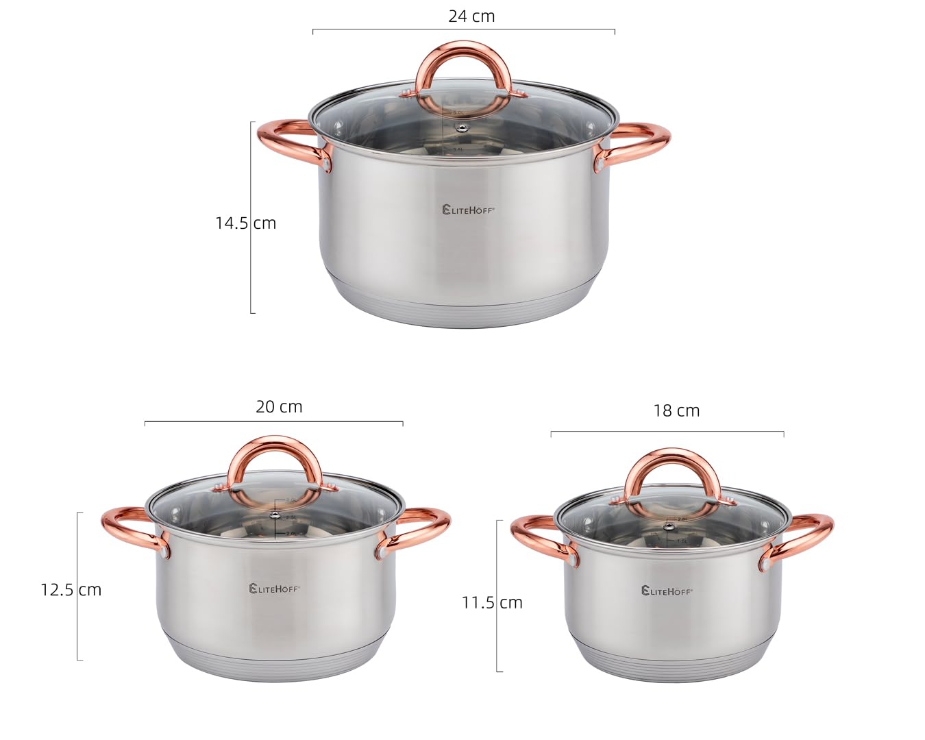 EliteHoff Juego de ollas de inducción, olla de acero inoxidable de 7 capas, juego de ollas con tapa, asas de oro rosa, para todo tipo de cocina (6 piezas)