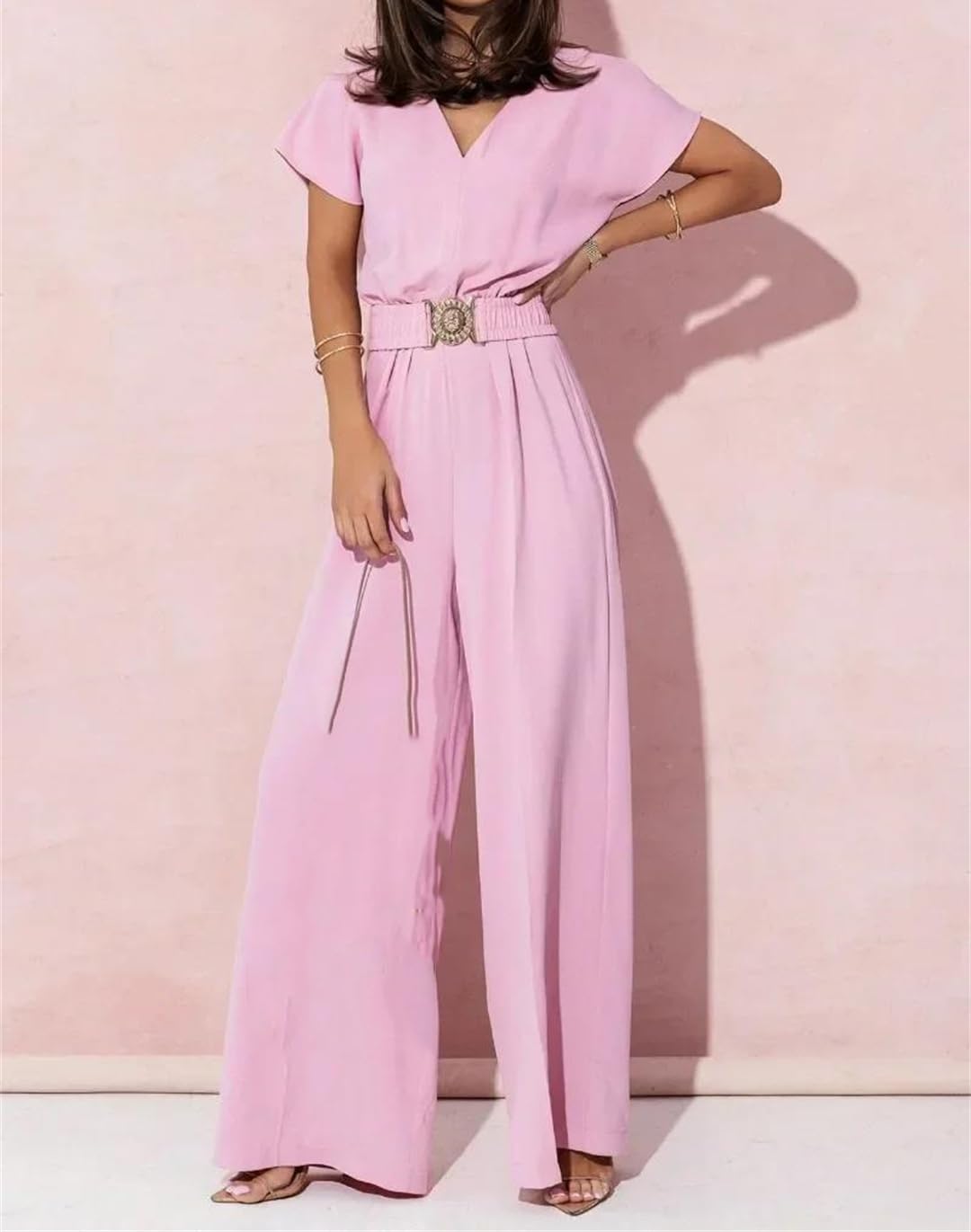 Yeuyyben Pagliaccetto estivo da donna con scollo a V manica corta gamba larga cintura casual elegante tinta unita