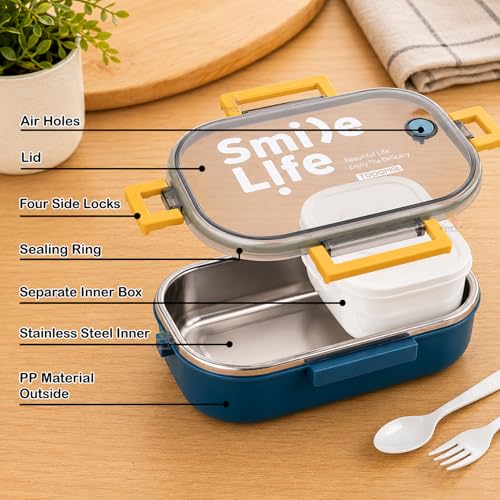 Image of WISHKEY Stainless Steel Lunch Box with Plastic Condiment Box for Kids & Adults, Air Tight Leak Proof Food Storage Container Stylish Tiffin Box Set for School & Office, 710 ml (Pack of 1, Blue)