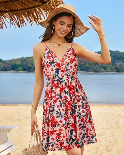 Image of STYLEWORD Womens Sundress Summer Floral Wrap V Neck Backless A-Line Casual Beach Midi Dress