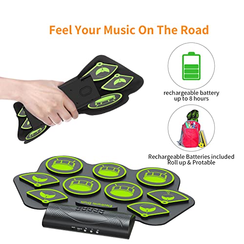Konix Electronic Drum Set, 9 Pads Roll-Up Electric Drum Set, Practice Drum Pad Midi Drum Kit With Headphone Jack Built-In Speaker Digital Drum Pedals Drum Sticks, Holiday Birthday Gift For Kids Green #TOP5