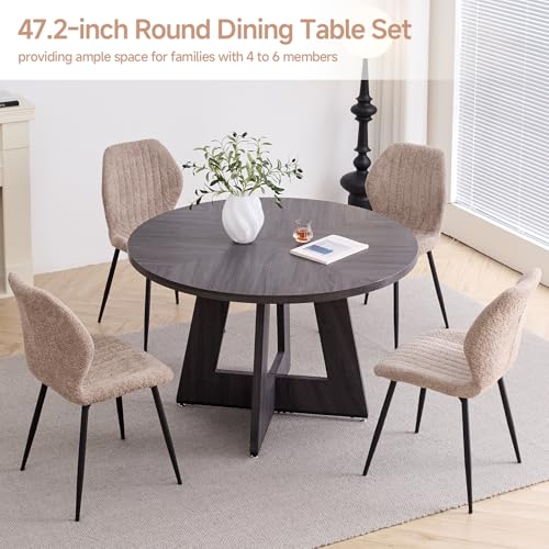Image of 47 inch Round Dining Table Set for 4, Kitchen Table and Chairs | Wooden Cross Base, Boucle Fabric Chair, for Apartment