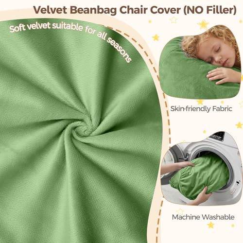 Image of Stuffed Animal Storage Bean Bag Chair Cover for Adults (No Filler), Soft Comfy Velvet Beanbag Chair Cover Machine Washable, Adults Bean Bag Chair with Handle for Living Room Bedroom,Lime Green