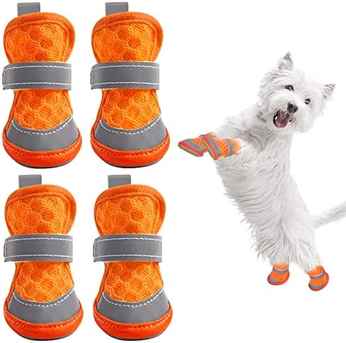 Ginbavi Soft Small Dog Shoes, Breathable Mesh Puppy Booties for Hot Pavement Walking Pet Sandals, Adjustable Reflective Dog Paw Protectors Boots for Hardwood Floors with Waterproof Non-Slip Soles