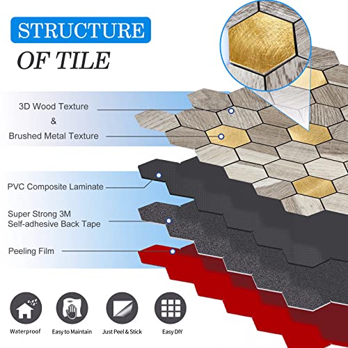 Homeymosaic 10-Sheets Backsplash Peel And Stick Hexagon Tile Stick On Kitchen Fireplace In Light Brown Wood Metal Gold #TOP7