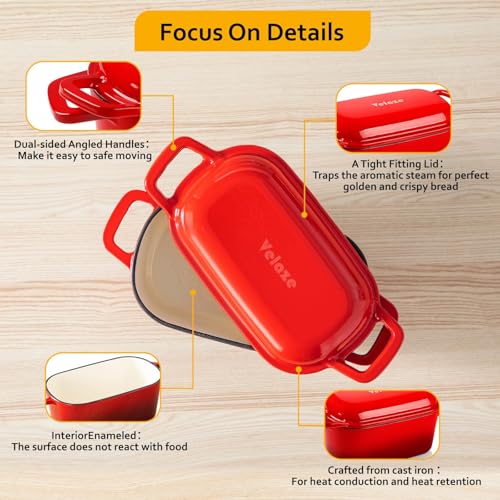 Image of Velaze 3.6QT Dutch Oven for Bread Baking,Oval Cast Iron Enameled Bread Oven Pan with Lid and Offset Handles,Oven Safe to 500F for Homemade Sourdough Bread(Red)
