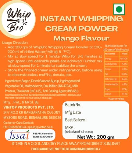 Image of WhipBro Whipping Cream Powder | Mango Flavour | Baking & Dessert Use (200 g)