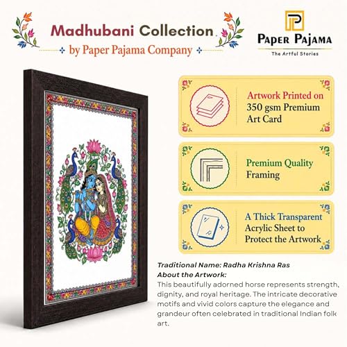 Image of PAPER PAJAMA Radha Krishna Wall Art for Living Room | Madhubani Love & Devotion Painting | Traditional Mithila Folk Art Framed Decor for Home, Bedroom & Office (10x13 Inches)