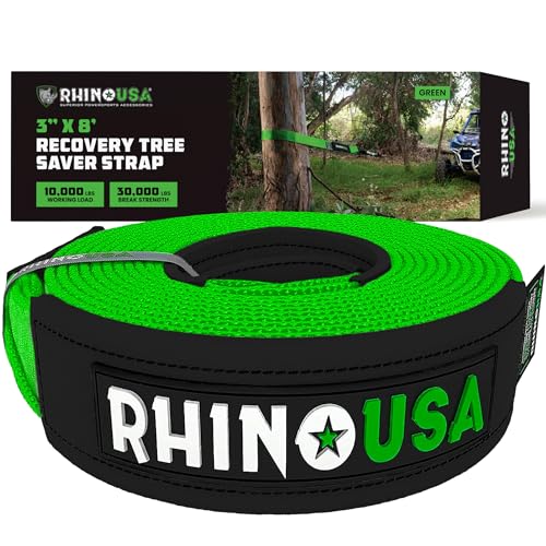 Rhino USA Tree Saver Tow Strap (3 x 8) - 31 518lb Break Strength - Emergency Recovery Strap Winch Extension for Truck UTV ATV & More - Heavy Duty Straps Compatible with Jeep Ford Toyota (Green)