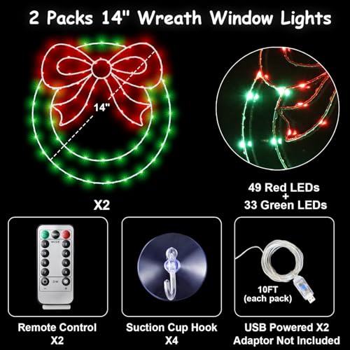 CESOF Christmas Window Lights Decorations, 2 Packs 14" Lighted Christmas with Bow, Remote Control Timer USB Powered Silhouette Lights for Indoor Door Wall Home Xmas Party Decor by CESOF - Image 2