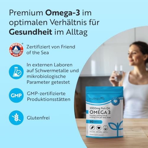 Nutravita Omega 3 Kapseln Hochdosiert 2000mg Fischöl - 90 Weichkapseln – Ansicht 3