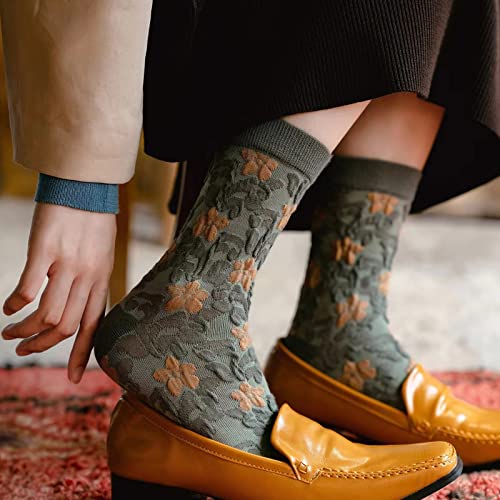 Image of DXYAKY 5 Pairs Womens Floral Cotton Socks Vintage Patterned Crew Socks Novelty Ankle Ruffled Warm Casual Dress Socks