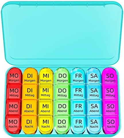 Doruimi Tablettenbox 7 Tage Morgens Mittags Abends Nachts, Cyan | Medikamentenbox 7 Tage 4 Fächer, Pillendose, Große Fächer, Leicht Zu Öffnen, Auslaufsicher, Abnehmbare Unterwegsbo