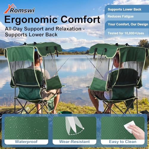 Image of Folding Canopy Beach Camping Chairs for Adult 2 Pack, Portable Outdoor Chairs with Sunshade,Cup Holder & Side Pocket for Camping, Fishing, Beach, Backyard, Green