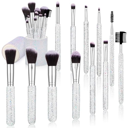 Nuogo 13 Pcs Rhinestone Makeup Brushes Set 12 Bling Crystal Professional Face Cosmetics Blending Liquid Foundation Powder Concealer Eye Shadows Make up Beauty Tool Glitter with 1 Holder