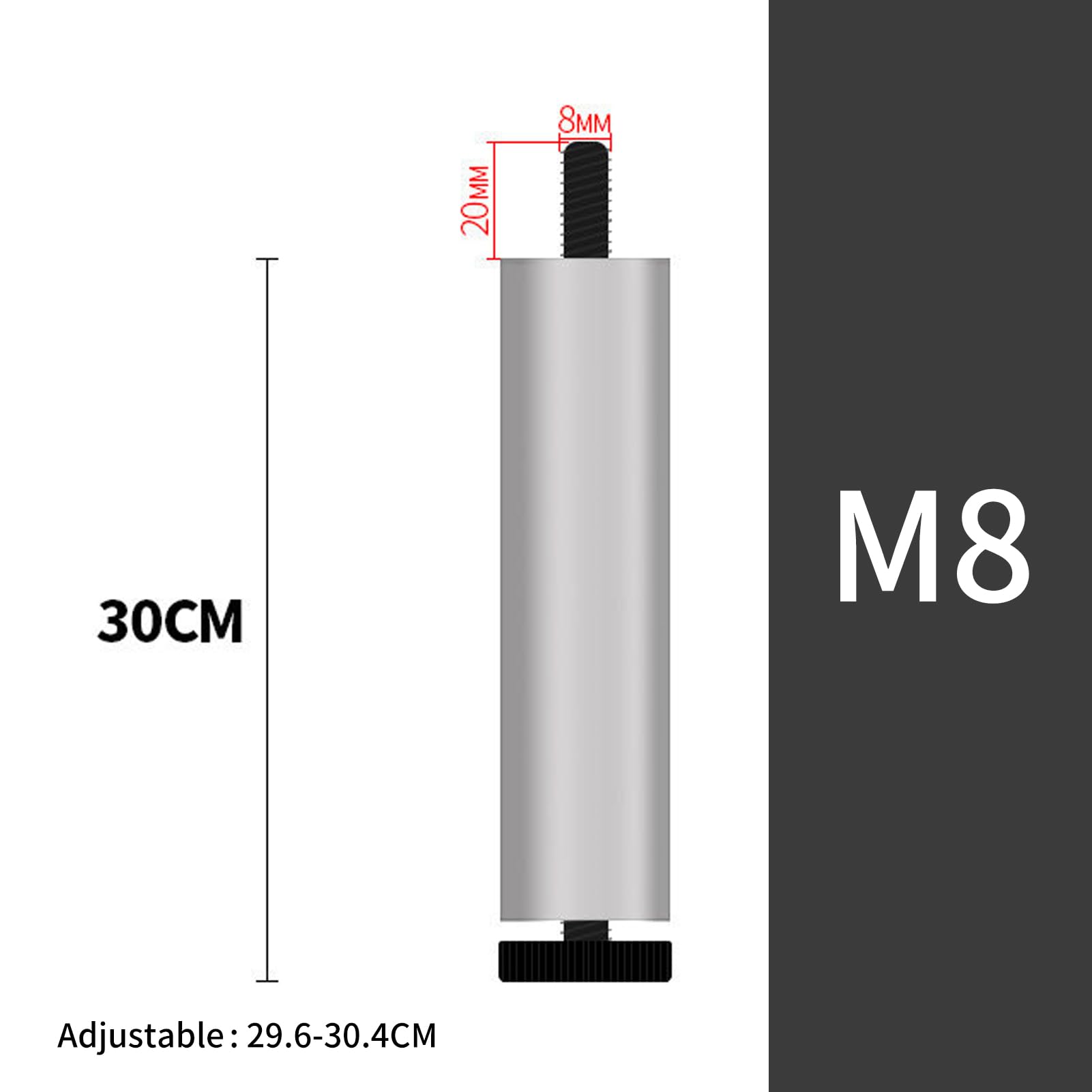 Möbelfüße Metall 30 cm, 4 Stück Silber Möbelbeine Verstellbar Stützbeine Aluminiumlegierung | Eloxierte Oberfläche Schrankfüße Höhe: 6-30cm Für Tischfüße Bett Füße Sofa M8 Gewinde 30cm/11.8"