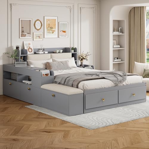 Massivholz-Kombi-Bett 140x200 cm, Funktionsbett Kinderbett mit Schubladen, Nachttisch, Sofabank und Stauraum-Langschrank, Kopfteil mit Staufach,Stauraumbett Doppelbett Tatamibett, ohne Matratze (Grau)
