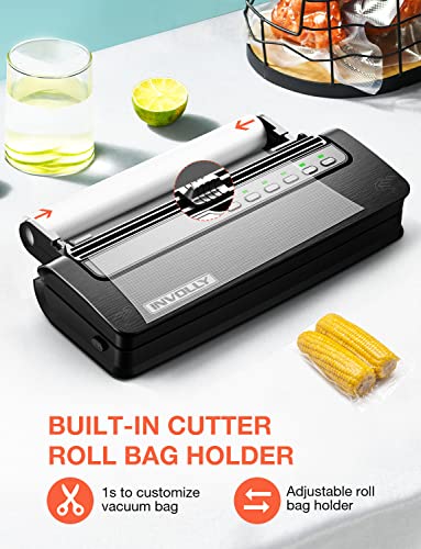 Foto von Involly Vakuumiergerät, Folienschweißgerät für lebensmittel und Sous Vide, Vakuumiergerät mit Vakuumierbeutel, Cutter und Aufbewahrungsrolle, für Nasse und Trockene Lebensmittel