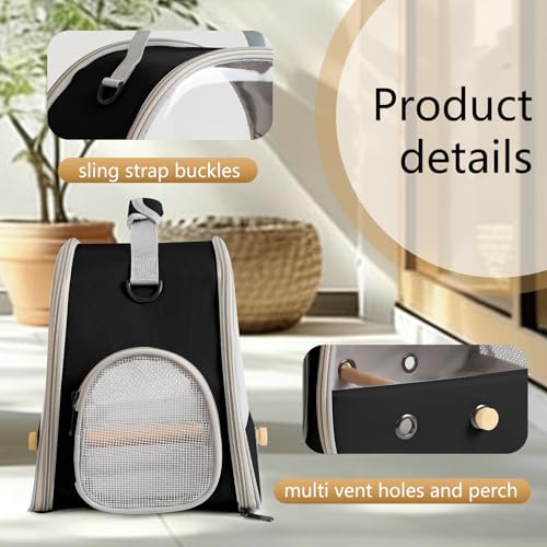 Image of Bird Carrier, Portable Small Bird Parrot Parakeet Carrier with Standing Perch and Stainless Steel Tray, Side Access Window Collapsible (Black, Clear Windows)