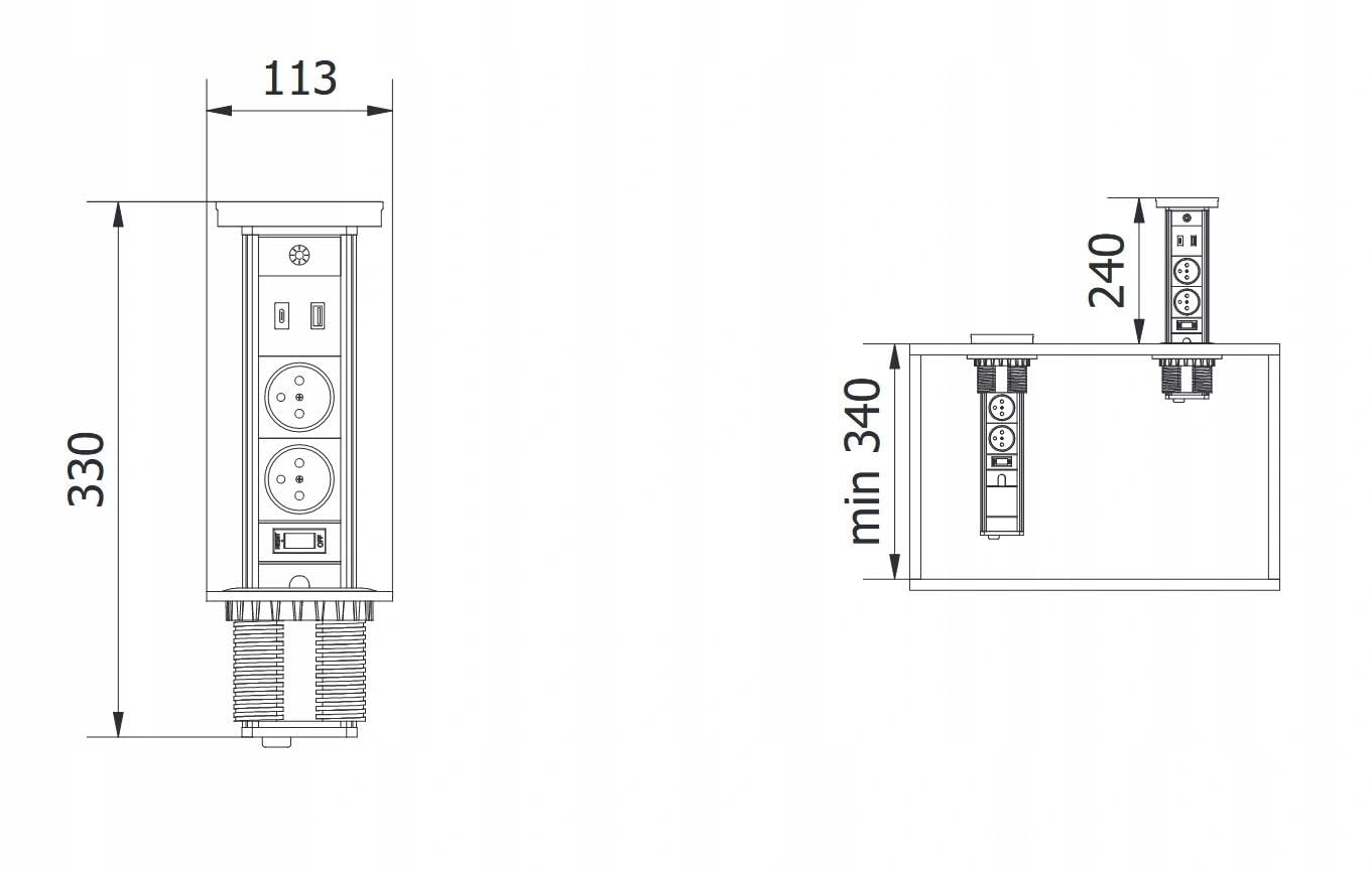 GTV CAMINO Przedłużacz Meblowy Blatowy Wpuszczany, 2 Gniazda French, USB A+C, Ładowanie Indukcyjne 10W, Czarny, Aluminium, 1.5m, 220-240V