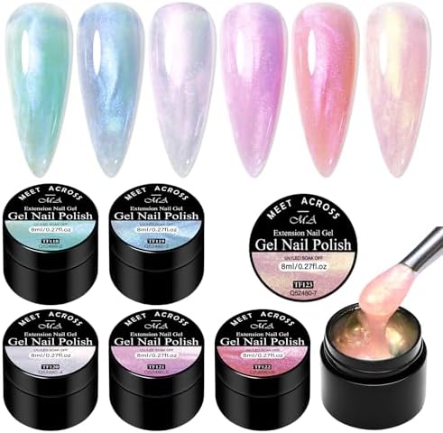 MEET ACROSS Aurora Extension Nail Gel Set, 6 Colors Builder Nail Gel Building Gel for Nails Long-Lasting Nail Extension Gel for Manicure Art With Nail Brush