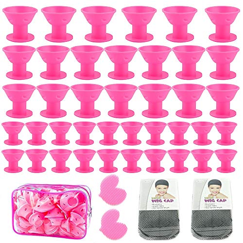 Icnow 40PZ Rullo Bigodino Silicone,Bigodino in Silicone Morbido Pieghevole Arricciatura Capelli DIY Senza Clip,Calore,Danno ai Capelli,con 2PZ Capelli Velcro(Rosa,20 Grandi + 20 Piccoli)