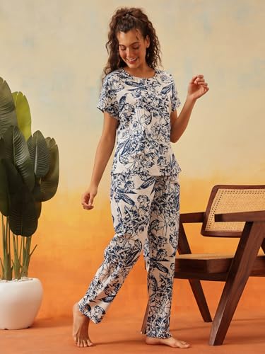 Image of Clovia Women's Floral Print T-Shirt & Pyjama Korean Night Suit for Girls | Rayon Korean Night Dress Set | Comfortable Multicolor Sleepwear