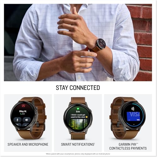 Image of Garmin Venu 4, 45mm, Advanced Health and Fitness GPS Smartwatch, Bright and Colorful Display, Built-in Flashlight, 12 Days of Battery Life, Slate with Black Silicone Band /Brown Leather Band
