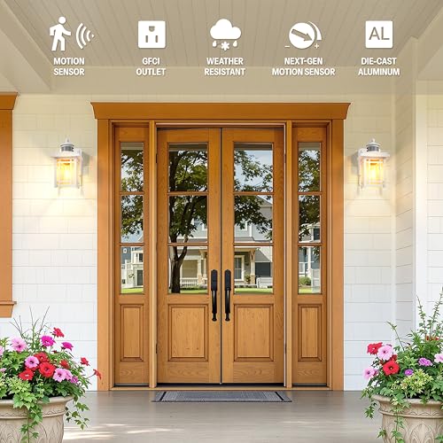 Image of Gleamz Porch Light with Outlet, White Anti-rust Motion Sensor Outdoor Porch Lights, Waterproof Dusk to Dawn Outside Garage Lights for House, Modern Outdoor Wall Light with Outlet for Patio Garage Door