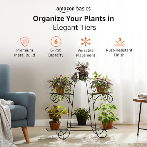Image of Amazon Basics Metal Planter Stand for Living Room, Indoor Outdoor Plant Stand for Balcony and Home Decor, Holds 6 Planters, Black