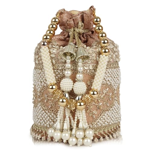 Image of Nevis Silk Fabric Luxury Pearl Embroidered Potli Bag for Women | Bridal Ethnic Drawstring Clutch with Beaded Handle Wedding | Potli Bag