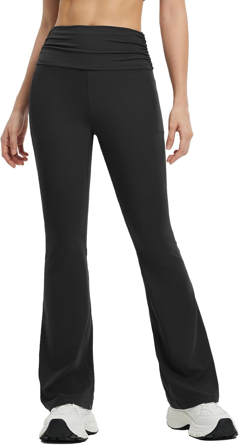baleaf Womens Flare Yoga Pants Fold Over Flared Leggings with Pockets Tummy Control Bootcut Pants