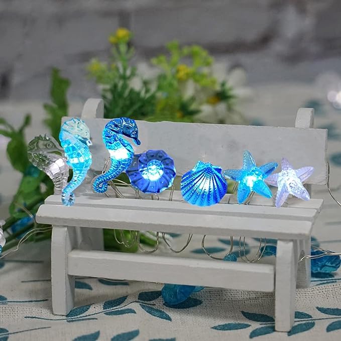 zhonghua Sea Fairy String Light, 3M 30LED Beach String Lights Ocean Decor String Lights Silver Wire Battery (Conch Starfish Shell Seahorse 2)