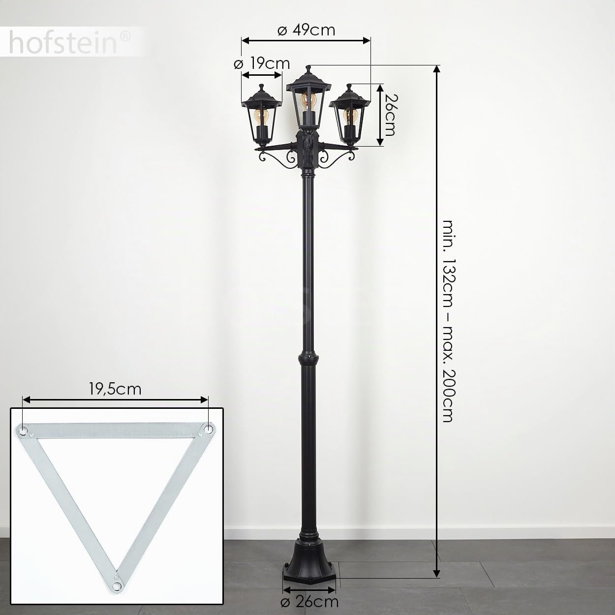 HOFSTEIN Candélabre Loria - Luminaire d'extérieur en métal/verre noir transparent - Lampadaire maison de campagne / antique / rétro / vintage pour jardin, extérieur, terrasse, cour, max. 200 cm, 3 x